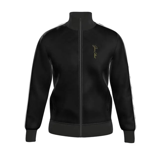 Black track jacket with full-zip front, ribbed collar and cuffs, and gold chest logo.