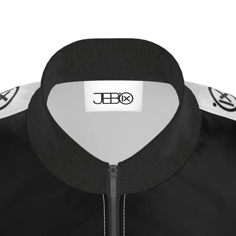Black track jacket stand collar with JEBIX label and ribbed knit edge.
