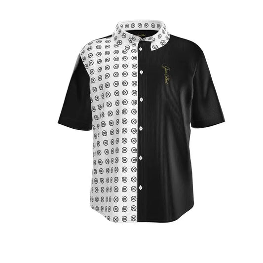 Short-sleeve dress shirt with white patterned side panel and black body, button placket, spread collar