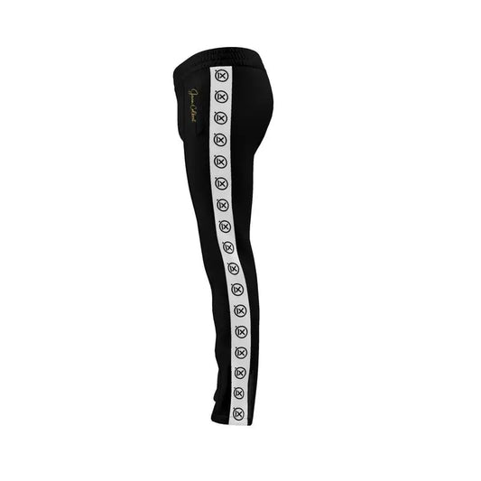 Men's black slim track pants, long white logo stripe on side