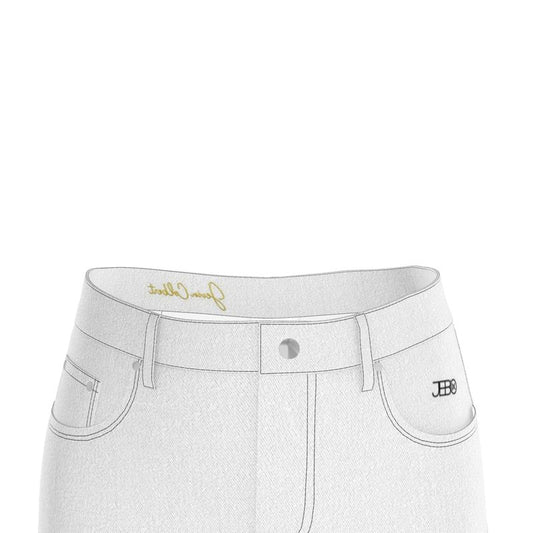 White denim maxi skirt waistband close-up with button, belt loops, and front pockets