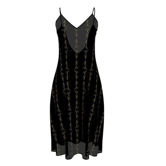Noir sleeveless midi dress with V-neck and gold script print