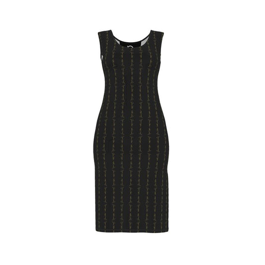 Black bodycon dress with gold-toned vertical stripes, sleeveless, fitted knee-length