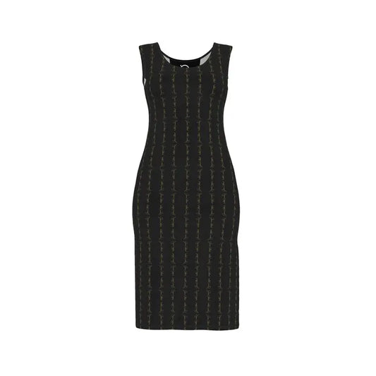 Black bodycon dress with gold-toned vertical stripes, sleeveless, fitted knee-length