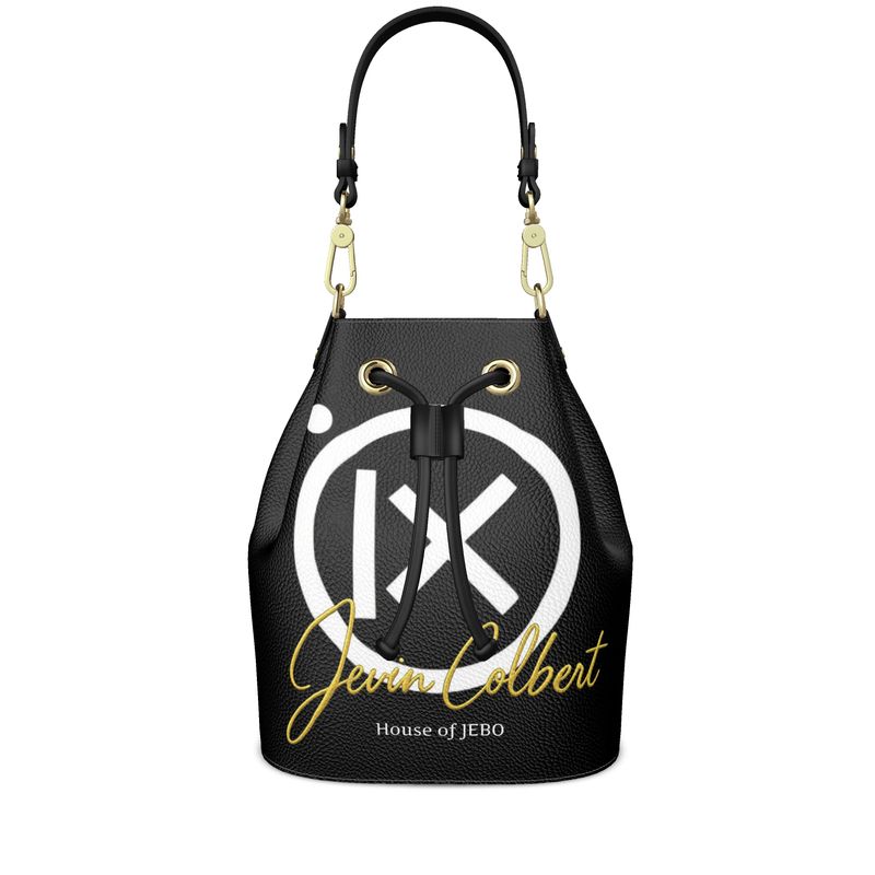 Black leather bucket bag with graphic logo, drawstring top, and gold-tone handle rings.