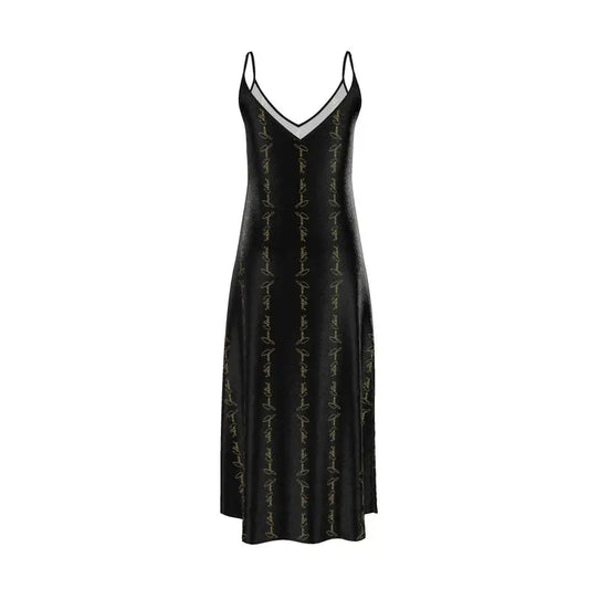 Black slip dress with V-neckline and thin straps, subtle script print, midi length