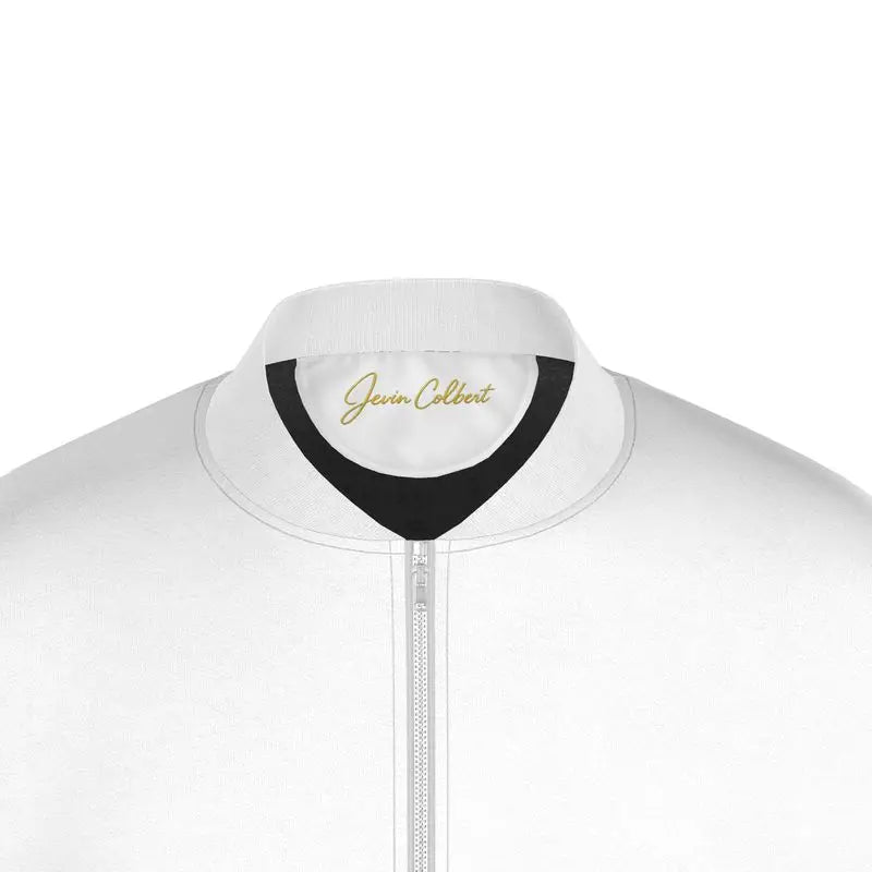 Men's white bomber jacket stand collar close-up with zipper, Jevin Colbert label