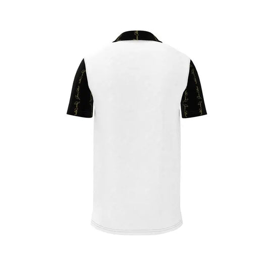 Men's white polo shirt back view with black sleeve cuffs
