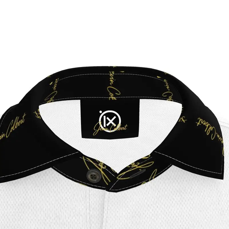 Men's polo shirt collar close-up with black inner band and gold logo patch