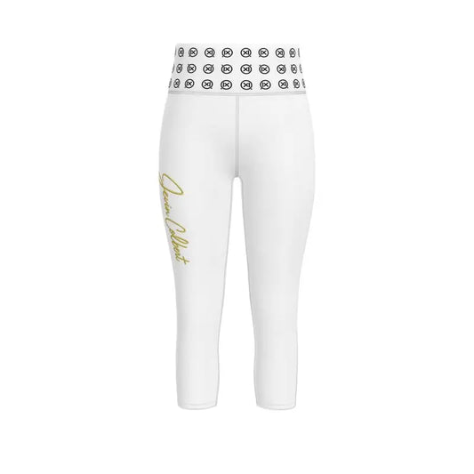 White sports leggings with logo waistband print and gold side script detail