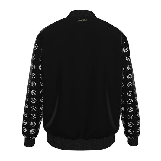 Men's black bomber jacket back view with patterned logo sleeves and ribbed hem