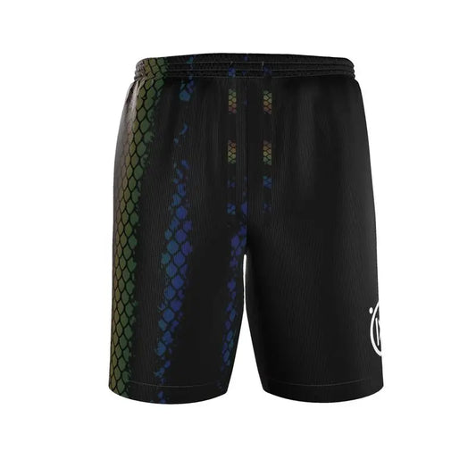 Resort shorts showing black front with green-and-blue python side panel print