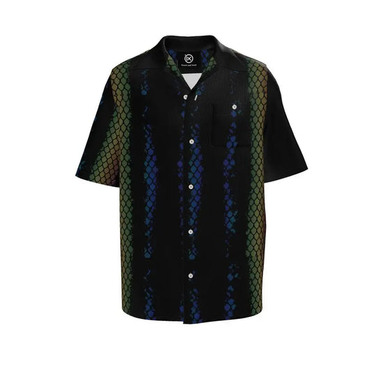 Resort shirt front with open V-neck collar, black base, and blue-green scale stripe pattern