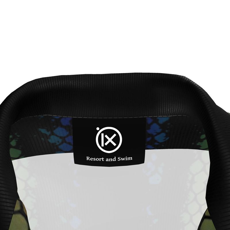 Resort shirt inner neck label with Ix Resort and Swim logo, black fabric