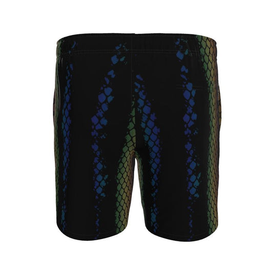 JEBO Venom Python swim shorts, black with blue and green snake-scale side print