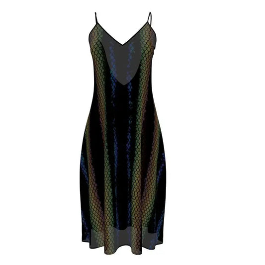 Midi slip dress with venom python print, V-neck, spaghetti straps, flowing skirt