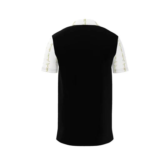 Men's polo shirt back view with dark body and white sleeves featuring gold script