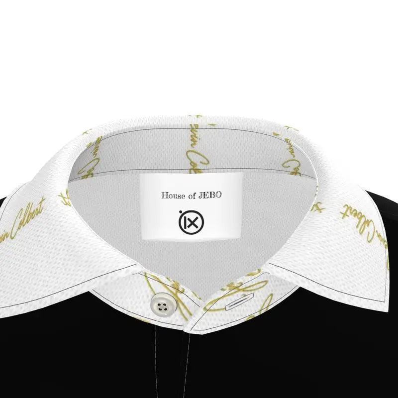 Men's polo shirt collar close-up with white fabric, gold script, and button detail