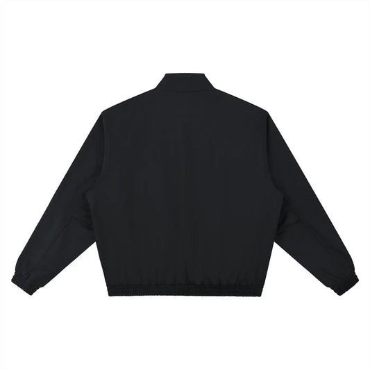 Black stand-collar bomber jacket, back view with ribbed cuffs and elastic hem.