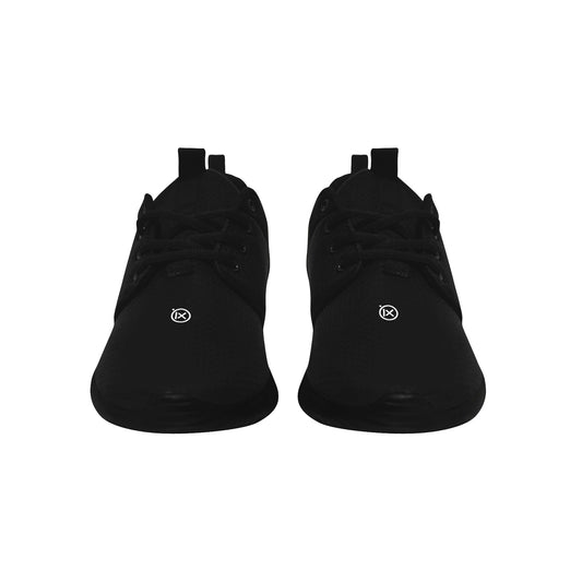Mens core runner shoes, black front view with lace-up closure and low profile sole