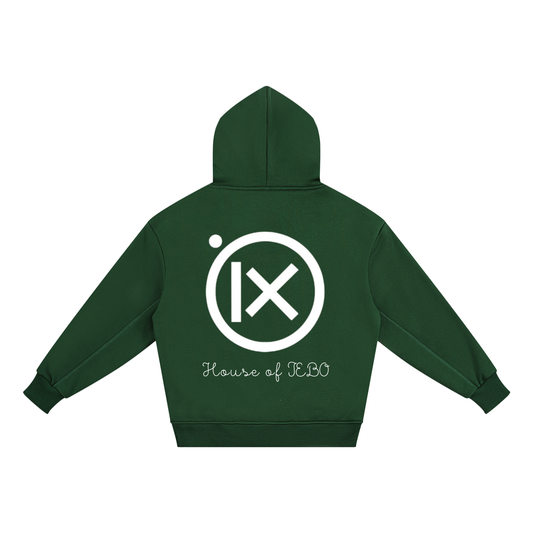 Kids fleece hoodie, green, back view with large logo and "House of JEBO"