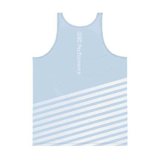 Men's performance tank top, light blue with diagonal white stripes; vertical back text