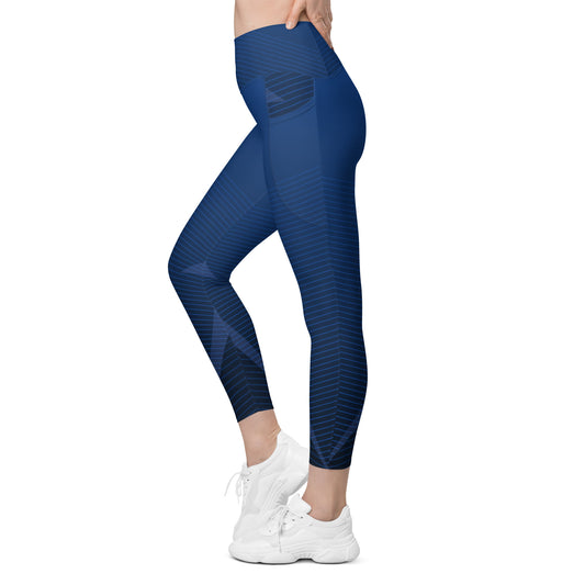 Blue diagonal stripe performance leggings, ankle length, with supportive contoured panels.