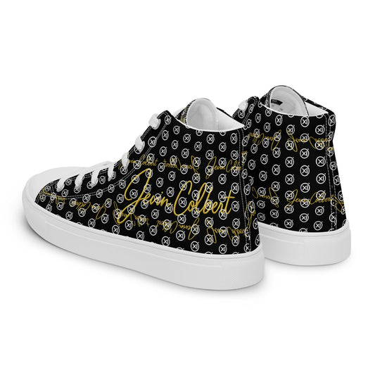 Black high-top canvas sneaker with multicolor monogram print and white rubber sole