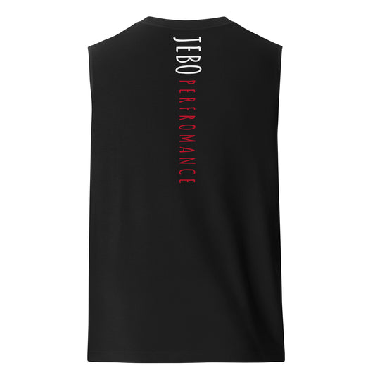 Black performance muscle tank with crew neck and vertical back typography print