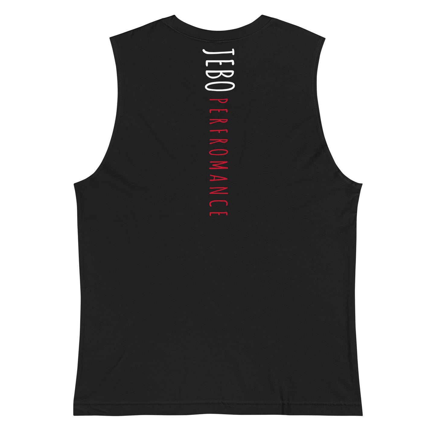 Black sleeveless muscle shirt with white/red vertical 'JEBO PERFORMANCE' text