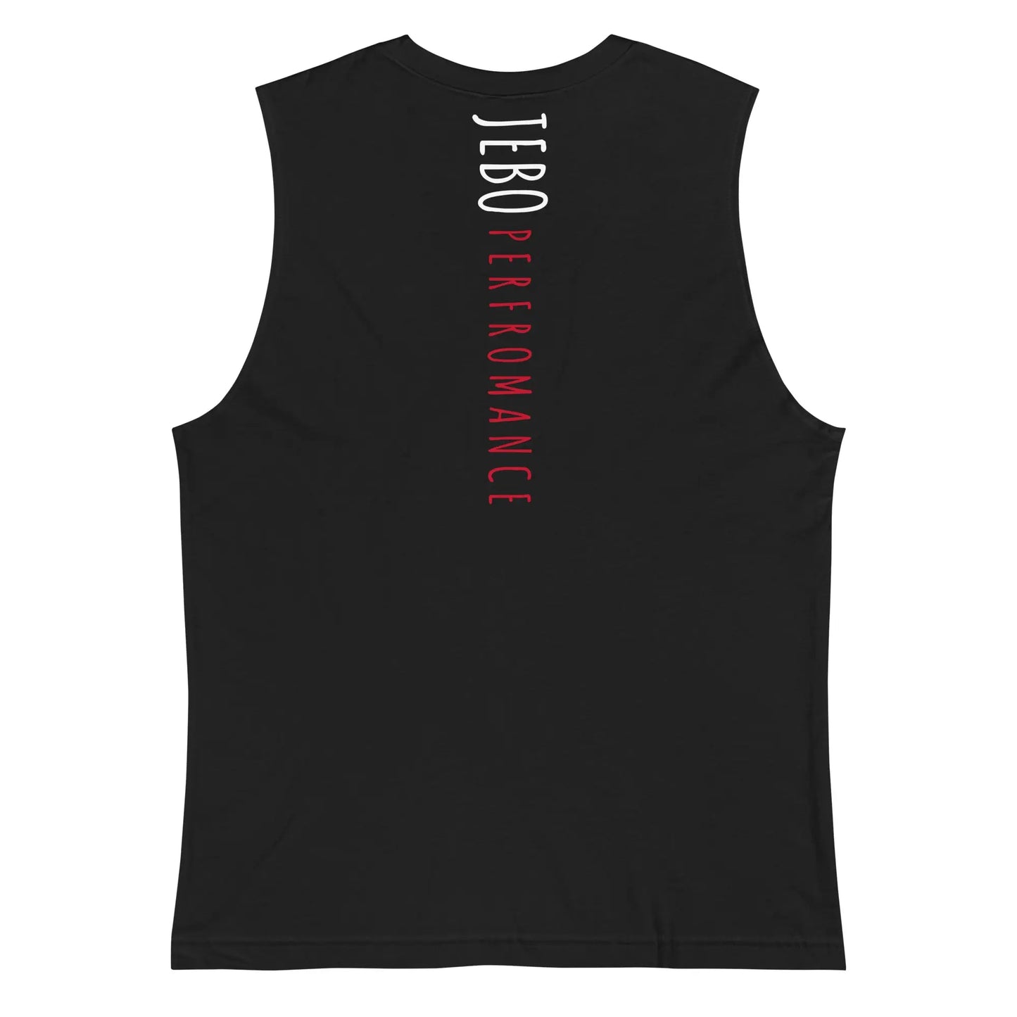 Black sleeveless muscle shirt with white/red vertical 'JEBO PERFORMANCE' text