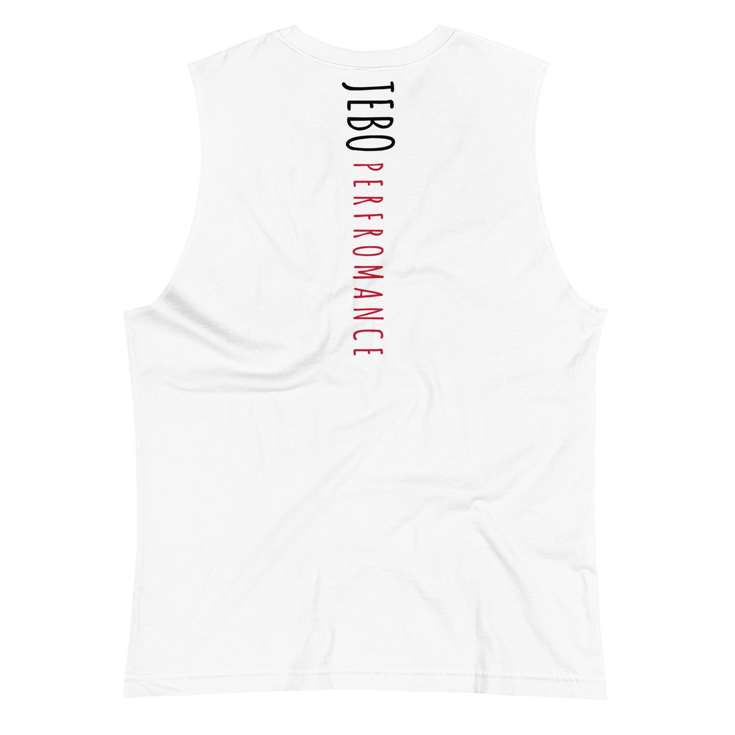 White muscle shirt, back graphic with vertical black and red lettering