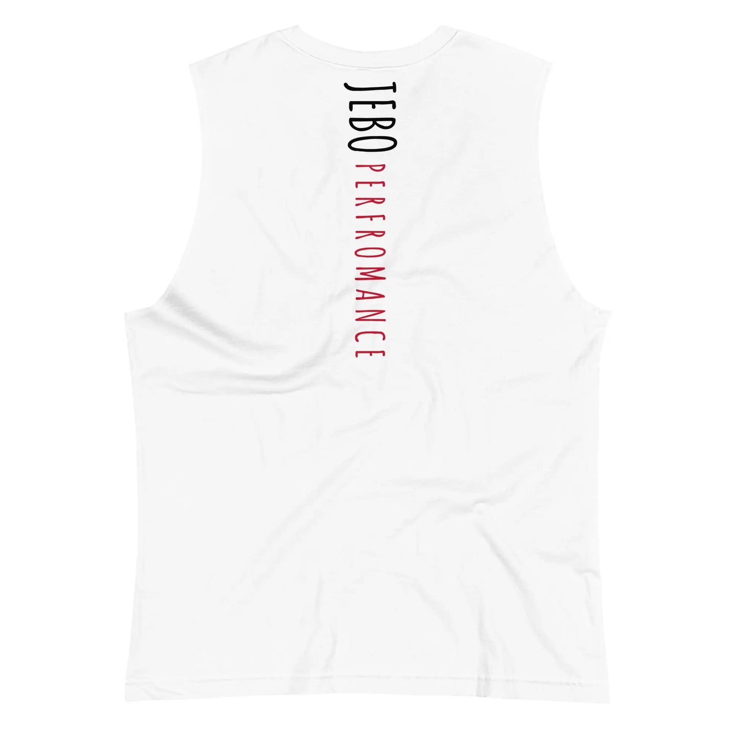 White muscle shirt, back graphic with vertical black and red lettering