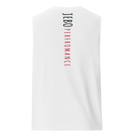 White sleeveless muscle shirt with crew neck and vertical back text