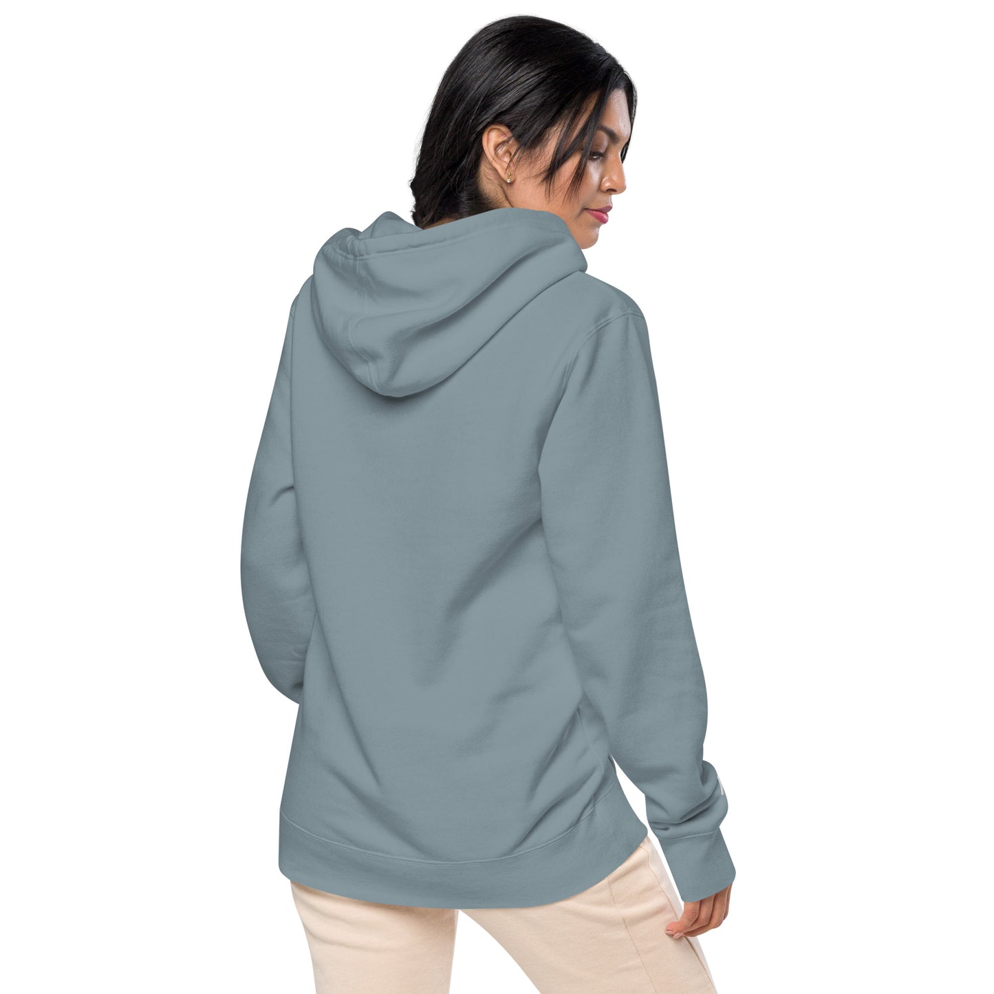 Slate blue vintage pigment hoodie, back view with hood and drawstrings, ribbed cuffs
