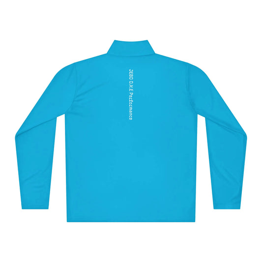 Performance quarter-zip pullover, bright blue, mock neck half-zip with back logo