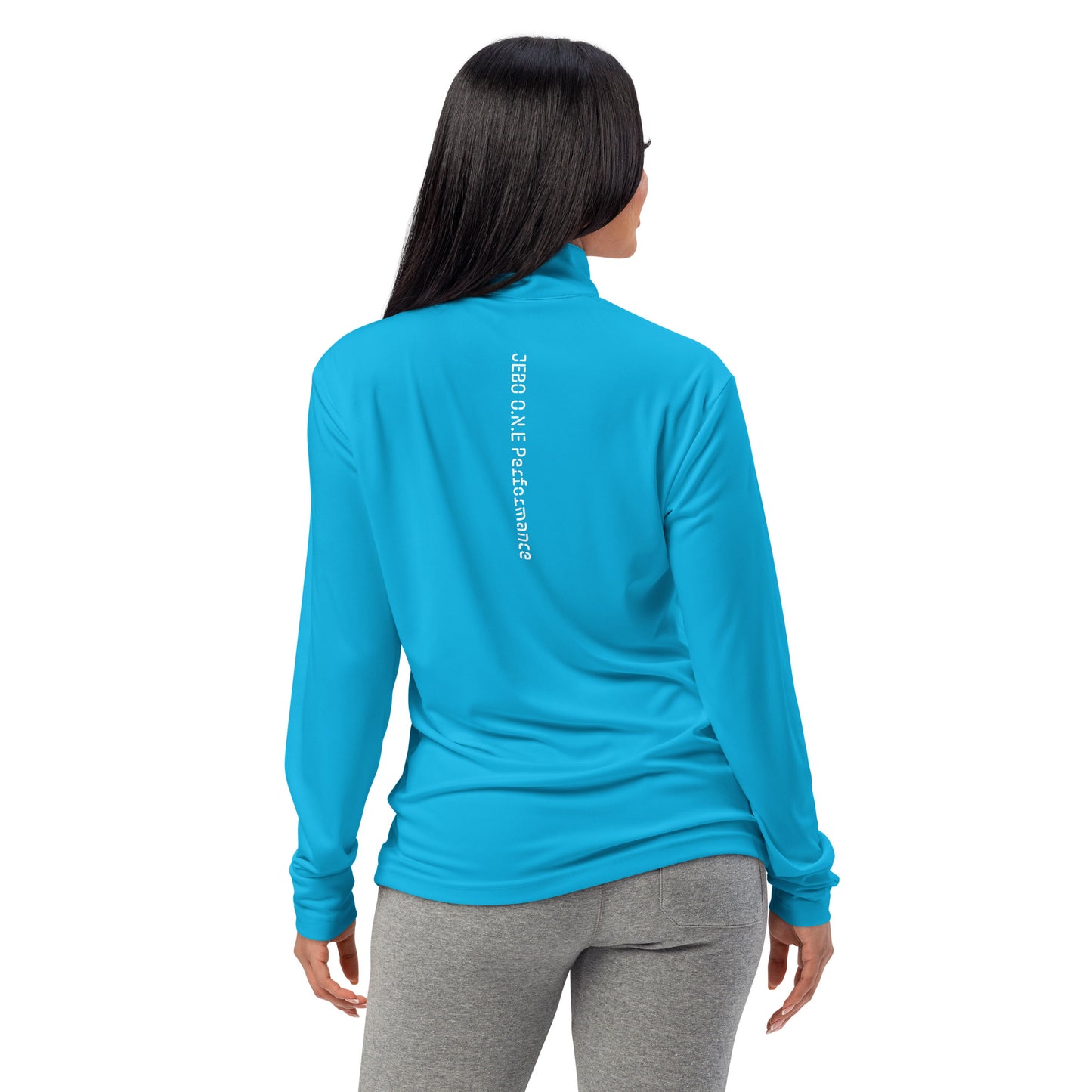 Bright blue lightweight quarter-zip pullover with stand collar and long sleeves, back view