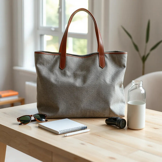 Modern tote bag on a light-wood table with sunglasses and a notebook in soft daylight