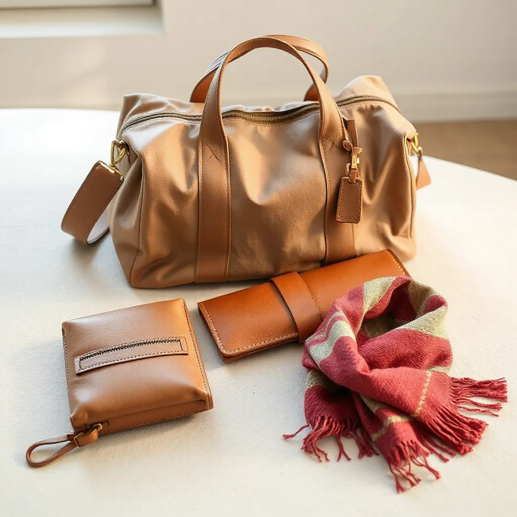 Neatly arranged leather travel carry items on a light tabletop with soft natural window light