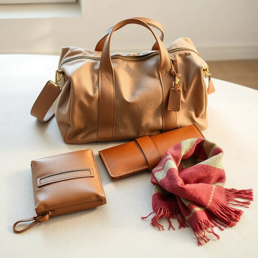 Neatly arranged leather travel carry items on a light tabletop with soft natural window light