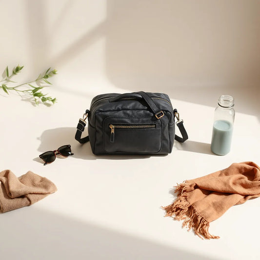 Stylish mini duffle bag with adjustable strap on a neutral surface, styled with small travel essentials