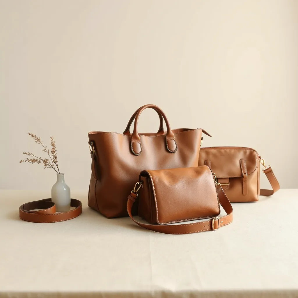 Three designer leather bags with visible stitching and hardware on a neutral tabletop under soft light