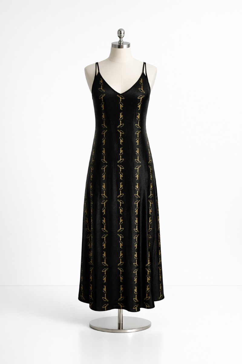 Black formal dress with gold script detailing displayed on a mannequin in a white studio — House of JEBO.