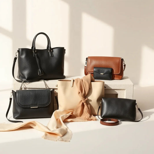 Assorted luxury handbags arranged on a neutral background with soft natural light and subtle leather details