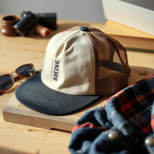 Retro trucker snapback cap with curved brim and mesh back on a wooden surface