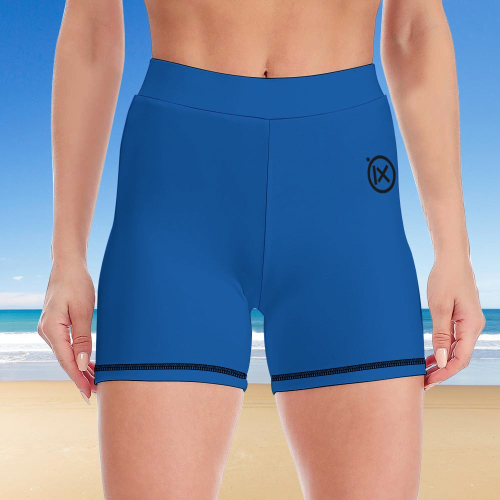 Women’s yoga two-piece set, slate blue high-waist shorts with black hem trim