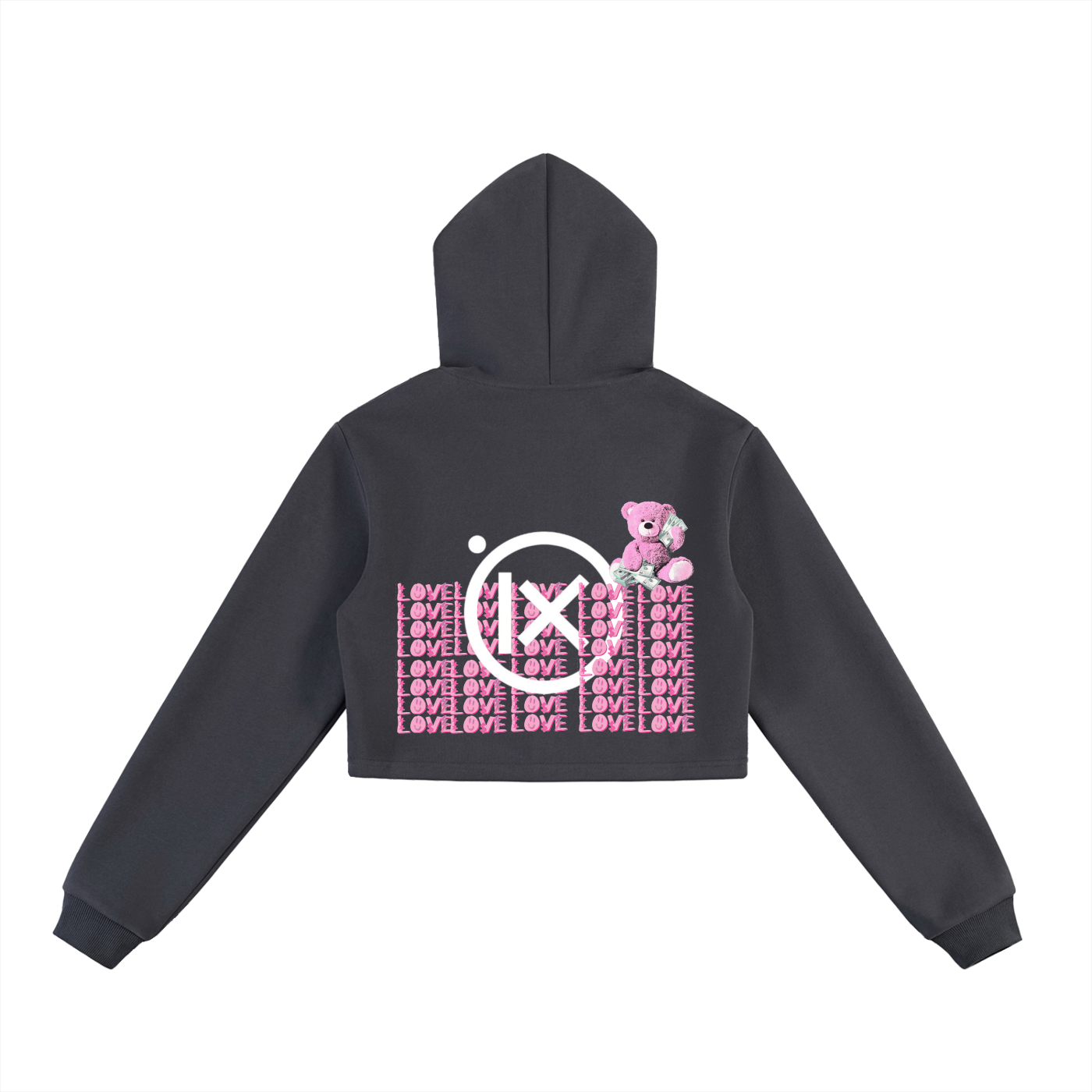 Cropped zip-up hoodie, dark gray, hooded back with bear graphic and LOVE pattern