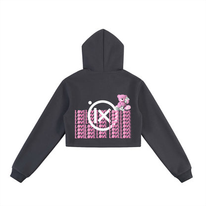 Cropped zip-up hoodie, dark gray, hooded back with bear graphic and LOVE pattern
