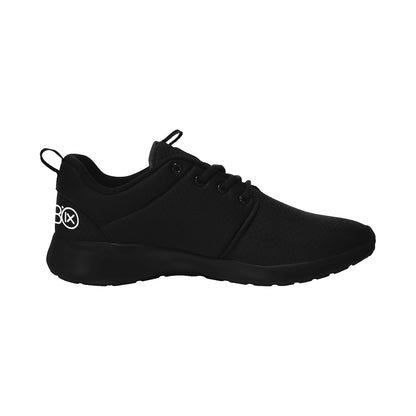 Mens core runner shoes, black side profile with lace-up front and IX logo on quarter