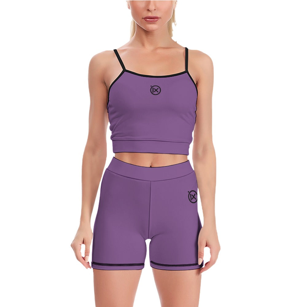 Women’s yoga two-piece set, purple cropped sports top and matching biker shorts with black trim